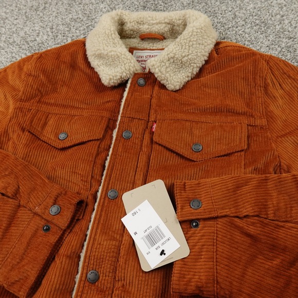 NEW Levis Jacket Mens M Brown Orange Corduroy Sherpa Lined Trucker Snap Zip Coat